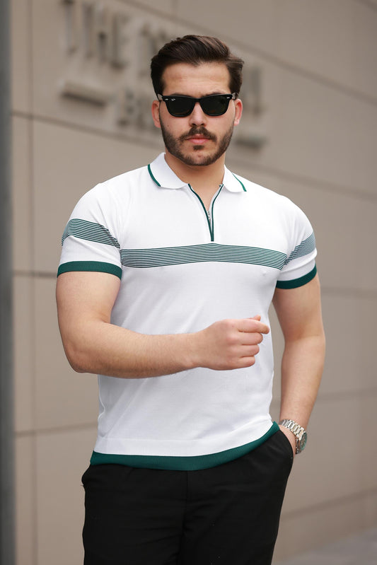 Miron Beyaz Çizgili ve Fermuar Detalı Polo Yaka Triko Kısa Kollu Tişört - 2512