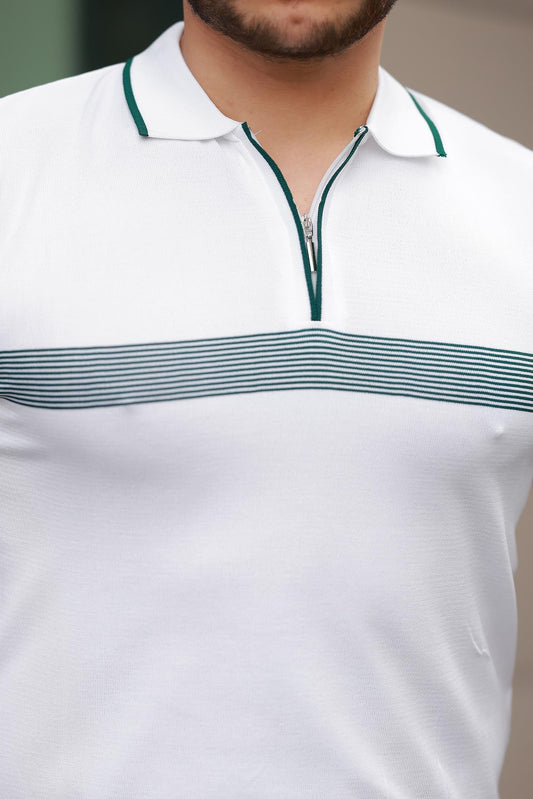 Miron Beyaz Çizgili ve Fermuar Detalı Polo Yaka Triko Kısa Kollu Tişört - 2512