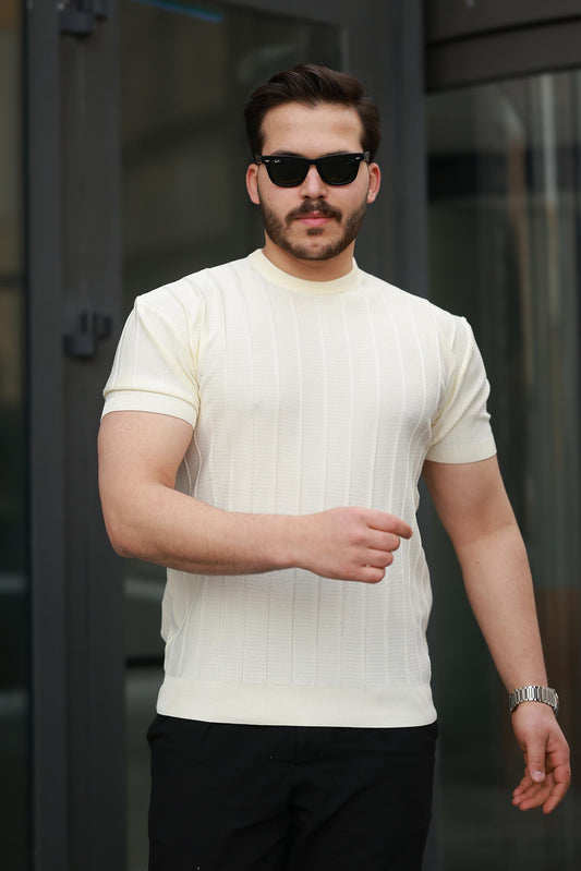 Miron Ekru Sıfır Yaka Kabartma Triko Kısa Kollu Tişört - 2430