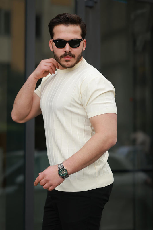 Miron Ekru Sıfır Yaka Kabartma Triko Kısa Kollu Tişört - 2430