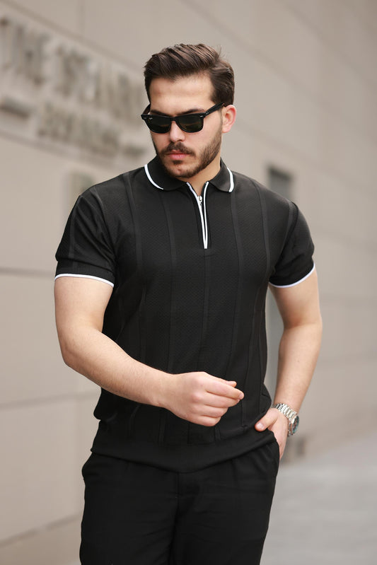 Miron Siyah Petek Dokulu Fermuarlı Polo Yaka Triko Kısa Kollu Tişört - 2511