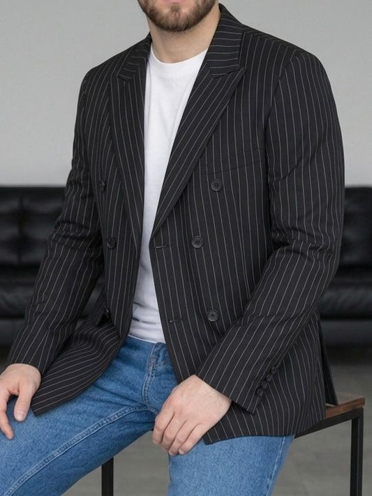 Erkek Siyah Çizgili Kruvaze Blazer Ceket - MRN2634