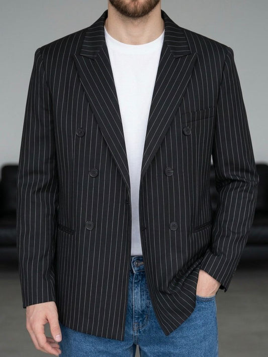 Erkek Siyah Çizgili Kruvaze Blazer Ceket - MRN2634