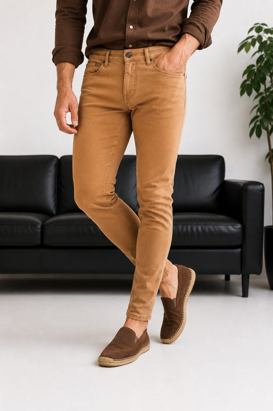 Erkek Kamel Slim Fit Likralı Gabardin Pantolon - MRN2690