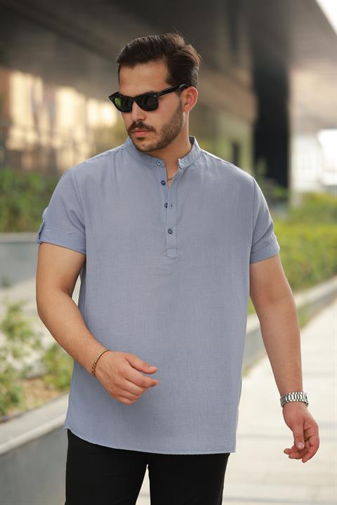 Erkek Açık Mavi Hakim Yaka Düğmeli Keten Gömlek - Kısa Kollu - 2536