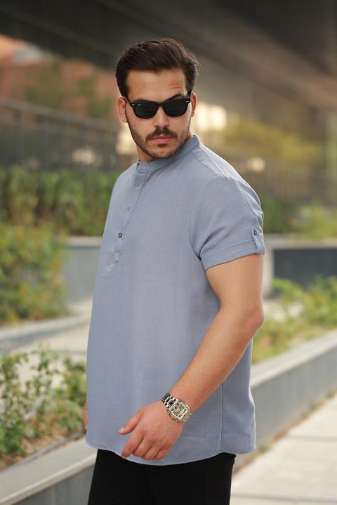 Erkek Açık Mavi Hakim Yaka Düğmeli Keten Gömlek - Kısa Kollu - 2536