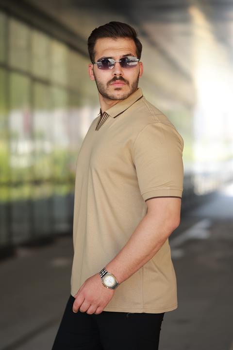 Erkek Bej Polo Yaka %100 Pamuk Tişört - 2531