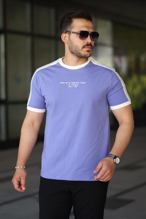 Erkek Bisiklet Yaka Mor Beyaz Şerit Detaylı Nakışlı %100 Pamuk Tişört - 2533