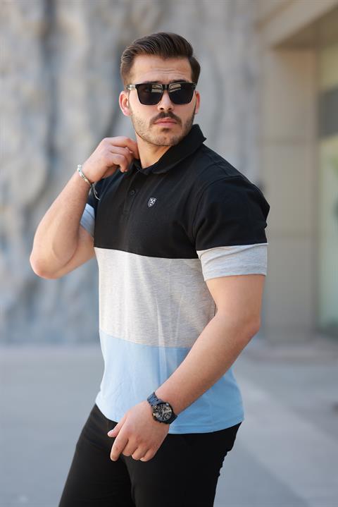 Erkek Polo Yaka Siyah Gri Mavi Renk Bloklu %100 Pamuk Tişört - 2532