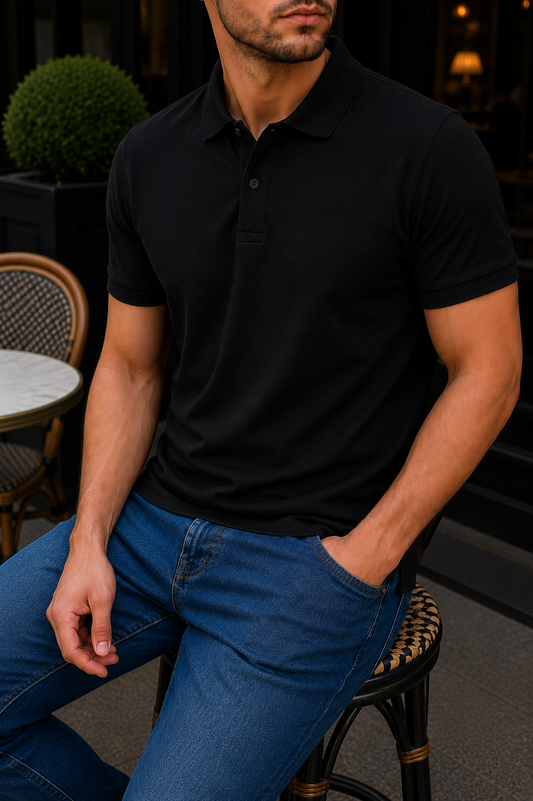 Erkek Siyah Basic Polo Yaka Pike Tişört - MRN26117