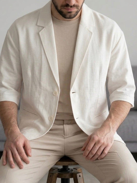 Erkek Ekru Kısa Kollu Keten Blazer Ceket - MRN2615