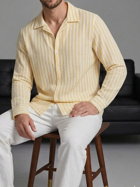 Erkek Sarı Çizgili Açık Yaka Gömlek - MRN2602