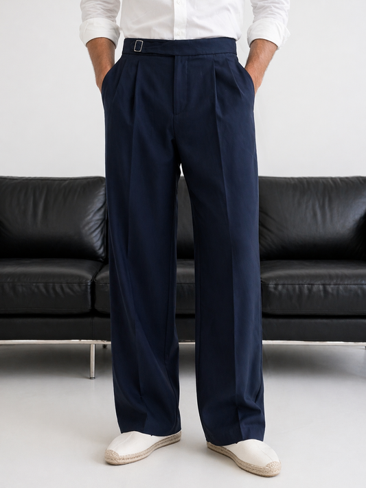 Erkek Lacivert Çift Pileli Ayarlanabilir Tokalı Kumaş Pantolon - MRN26115