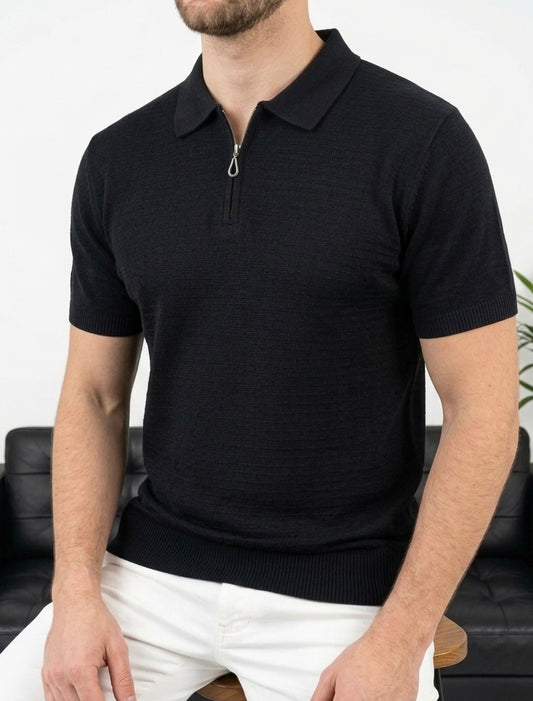 Erkek Siyah Yarım Fermuarlı Triko Polo T-Shirt - MRN2642