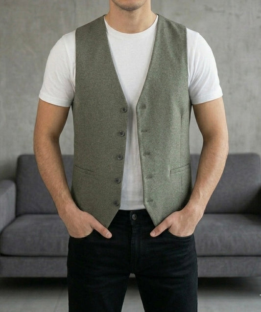 Erkek Haki Düğmeli Slim Fit Yelek - MRN2616