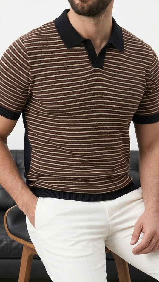 Erkek Kiremit Bej Siyah Çizgili Triko Polo Yaka Kısa Kollu Kazak - MRN2679