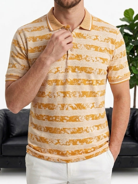 Erkek Hardal Çizgili Desenli Polo Yaka Triko Tişört - MRN26111
