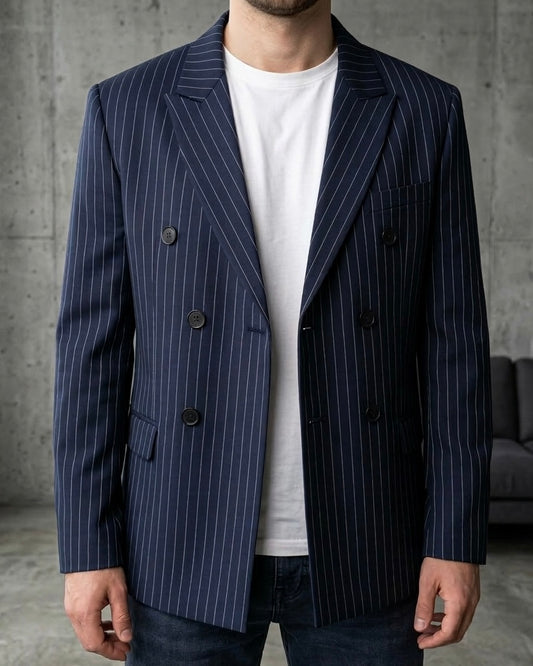 Erkek Lacivert Çizgili Kruvaze Blazer Ceket - MRN2634