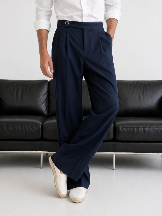 Erkek Lacivert Çift Pileli Ayarlanabilir Tokalı Kumaş Pantolon - MRN26115