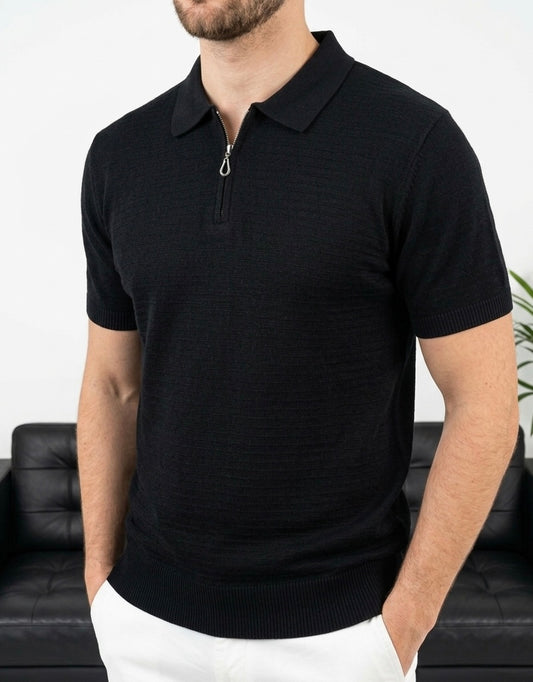 Erkek Siyah Yarım Fermuarlı Triko Polo T-Shirt - MRN2642