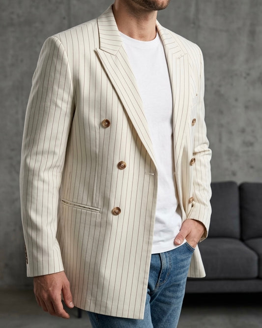 Erkek Krem Rengi Çizgili Kruvaze Blazer Ceket - MRN2634