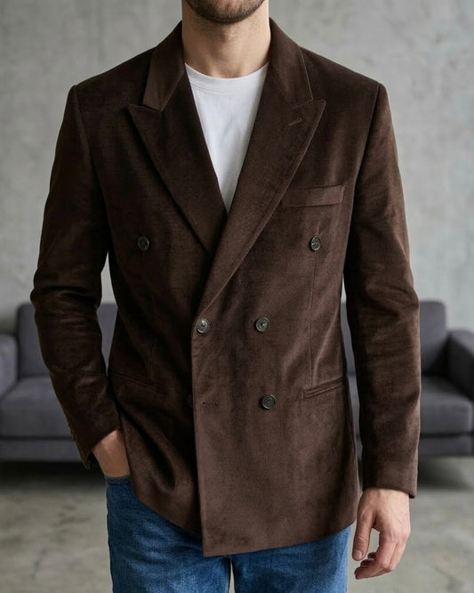 Erkek Kahverengi Fitilli Kadife Kruvaze Blazer Ceket - MRN2635