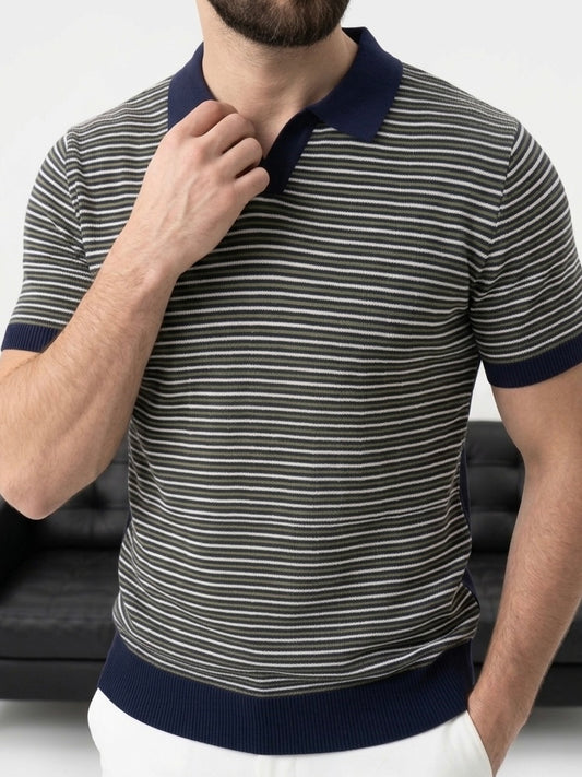 Erkek Haki Beyaz Lacivert Çizgili Triko Polo Yaka Kısa Kollu Kazak - MRN2679