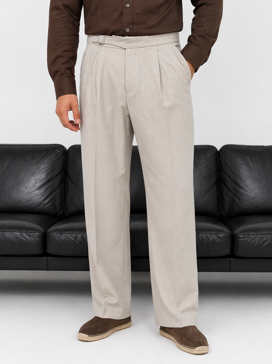 Erkek Bej Çift Pileli Ayarlanabilir Tokalı Kumaş Pantolon - MRN26115