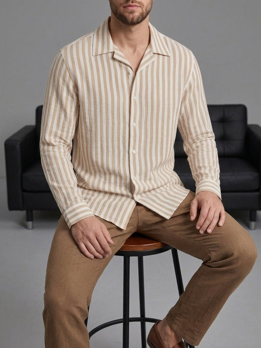 Erkek Bej Çizgili Açık Yaka Gömlek - MRN2602