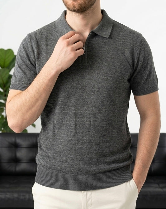 Erkek Antrasit Yarım Fermuarlı Triko Polo T-Shirt - MRN2642