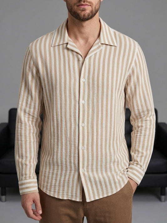 Erkek Bej Çizgili Açık Yaka Gömlek - MRN2602