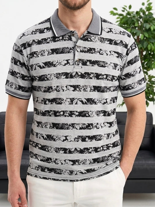 Erkek Gri Çizgili Desenli Polo Yaka Triko Tişört - MRN26111