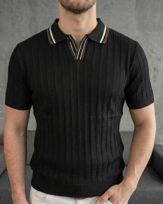 Erkek Siyah Dikey Dokulu Triko Polo Yaka Tişört - MRN2602