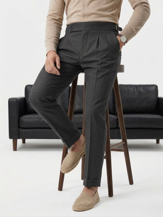 Erkek Antrasit Pileli Kanca Detaylı Çift Düğmeli Kumaş Pantolon - MRN2629