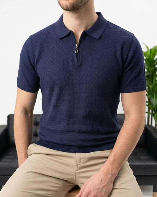 Erkek Lacivert Yarım Fermuarlı Triko Polo T-Shirt - MRN2642