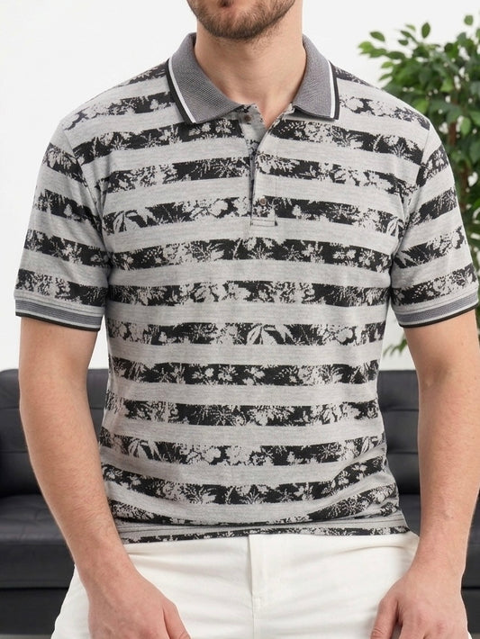 Erkek Gri Çizgili Desenli Polo Yaka Triko Tişört - MRN26111