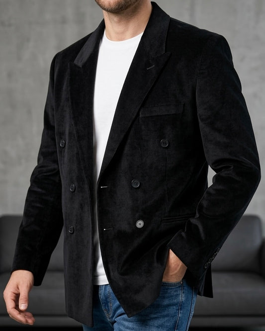 Erkek Siyah Fitilli Kadife Kruvaze Blazer Ceket - MRN2635