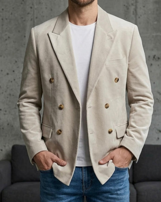 Erkek Açık Bej Fitilli Kadife Kruvaze Blazer Ceket - MRN2635