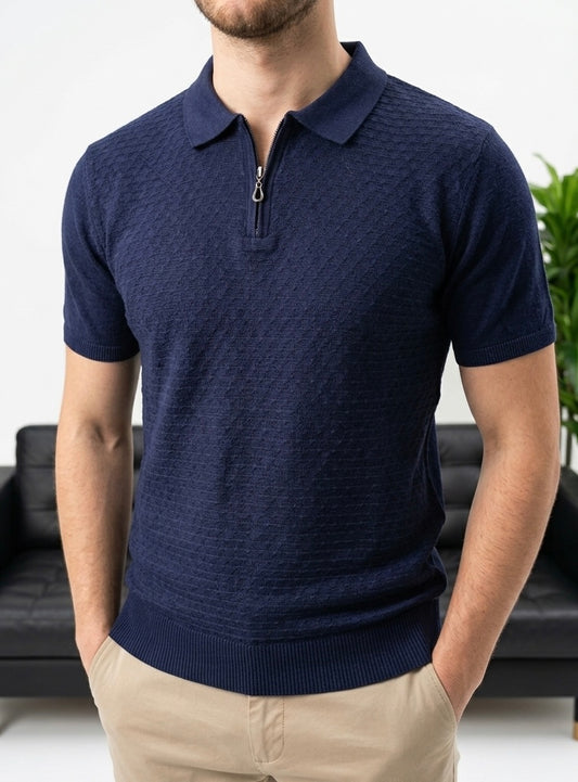 Erkek Lacivert Yarım Fermuarlı Triko Polo T-Shirt - MRN2642