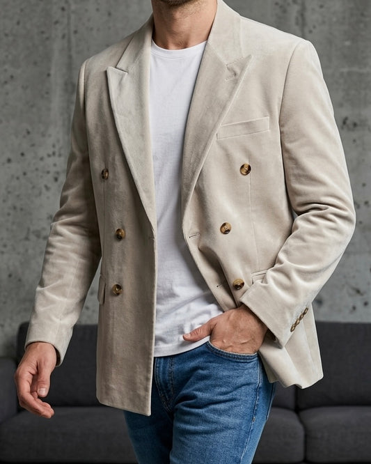 Erkek Açık Bej Fitilli Kadife Kruvaze Blazer Ceket - MRN2635