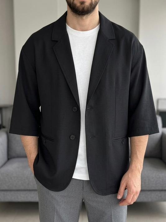 Erkek Siyah Kısa Kollu Keten Blazer Ceket - MRN2615