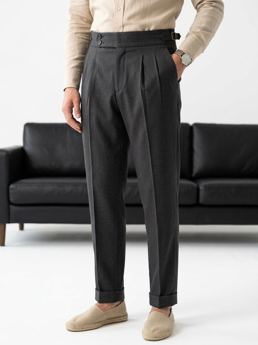 Erkek Antrasit Pileli Kanca Detaylı Çift Düğmeli Kumaş Pantolon - MRN2629