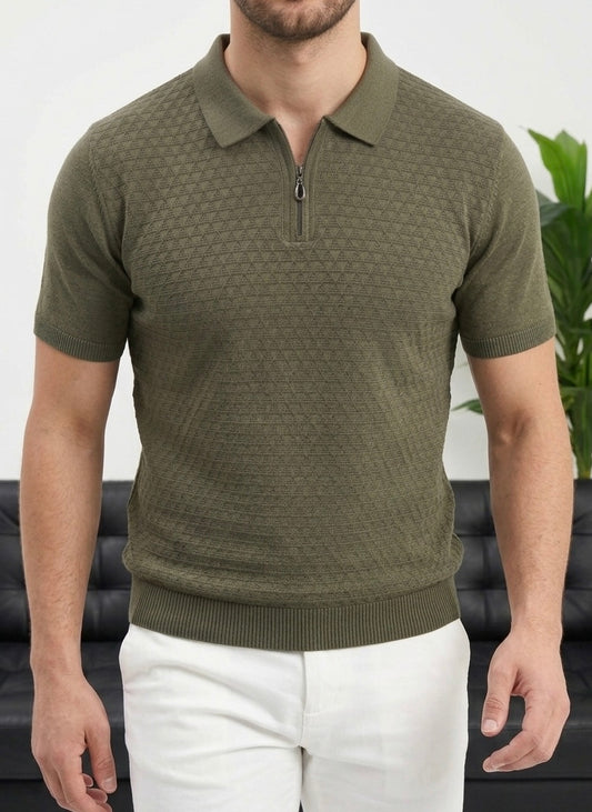 Erkek Haki Yarım Fermuarlı Triko Polo T-Shirt - MRN2642