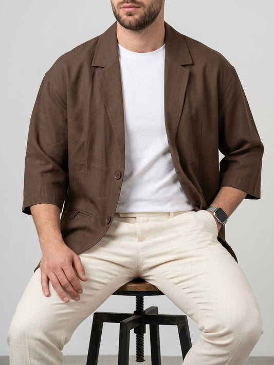 Erkek Kahve Kısa Kollu Keten Blazer Ceket - MRN2615