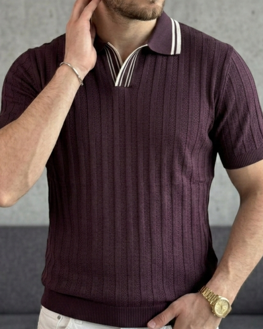 Erkek Bordo Dikey Dokulu Triko Polo Yaka Tişört - MRN2602