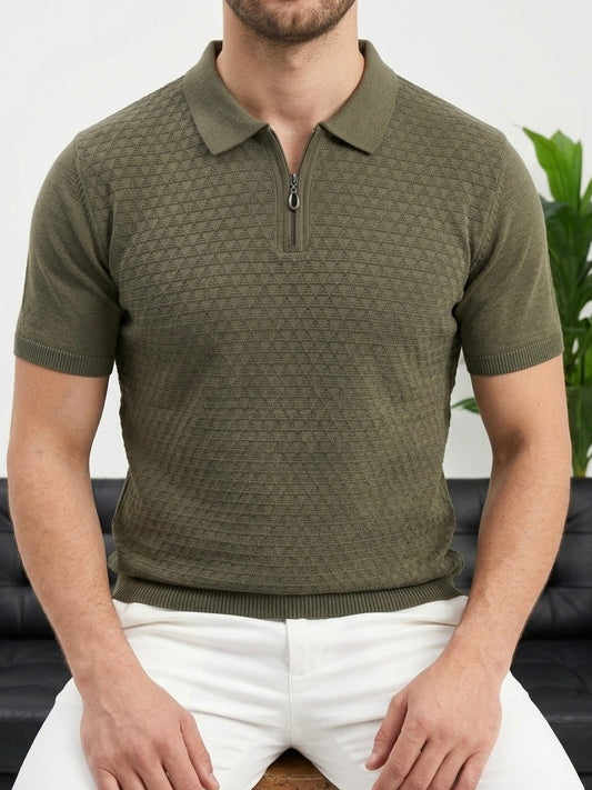 Erkek Haki Yarım Fermuarlı Triko Polo T-Shirt - MRN2642
