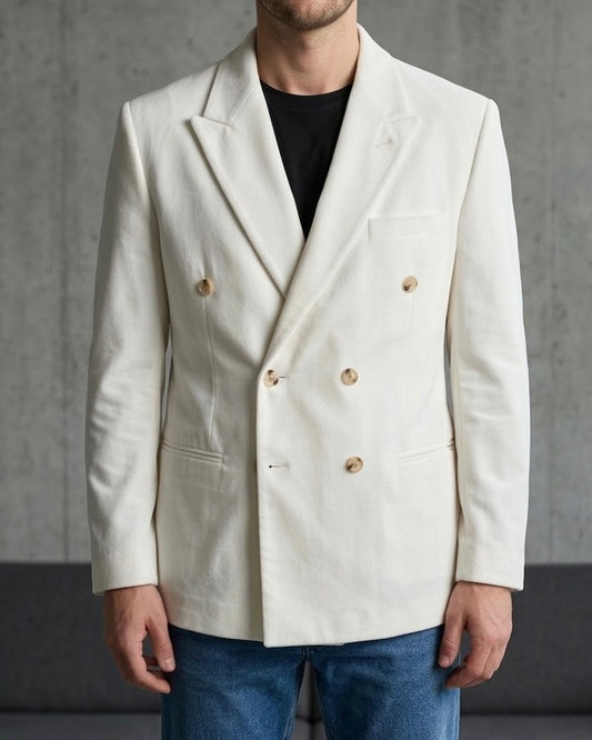 Erkek Ekru Fitilli Kadife Kruvaze Blazer Ceket - MRN2635