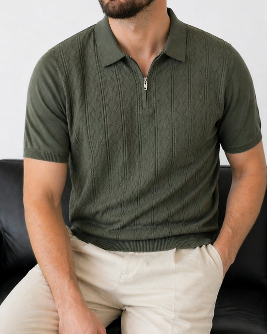 Erkek Antrasit Yarım Fermuarlı Polo Yaka Desenli Triko Tişört - MRN2678