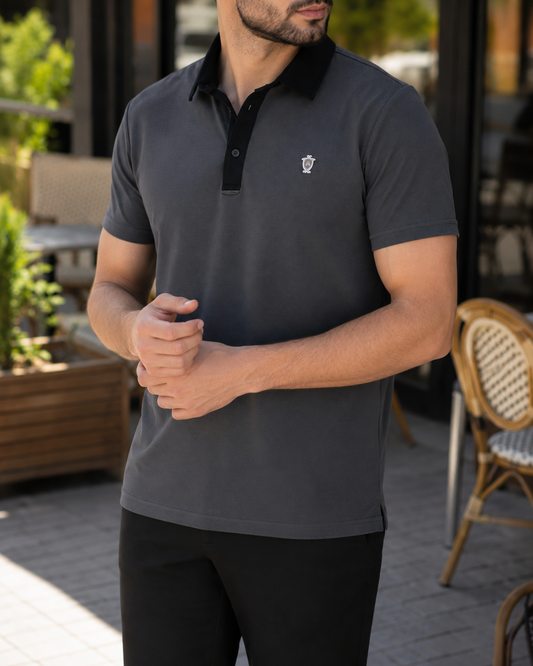 Gri Modal Kumaş Polo Kontrast Yakalı Erkek Tişört - MRN26128