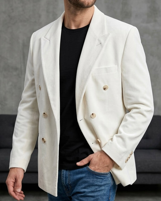 Erkek Ekru Fitilli Kadife Kruvaze Blazer Ceket - MRN2635